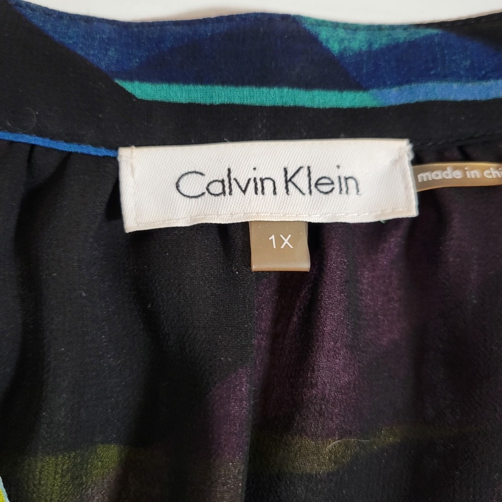 Calvin Klein Womens Blouse Top Size 1X 3/4 Sleeve V-Neck Geometric Lined 1654 - Picture 7 of 8